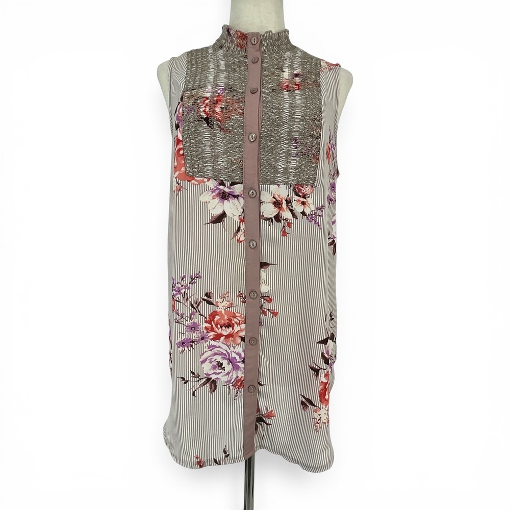 Mystree Womens Floral Striped Mixed Media Sleeveless‎ Tunic Top Mauve Sz M Boho